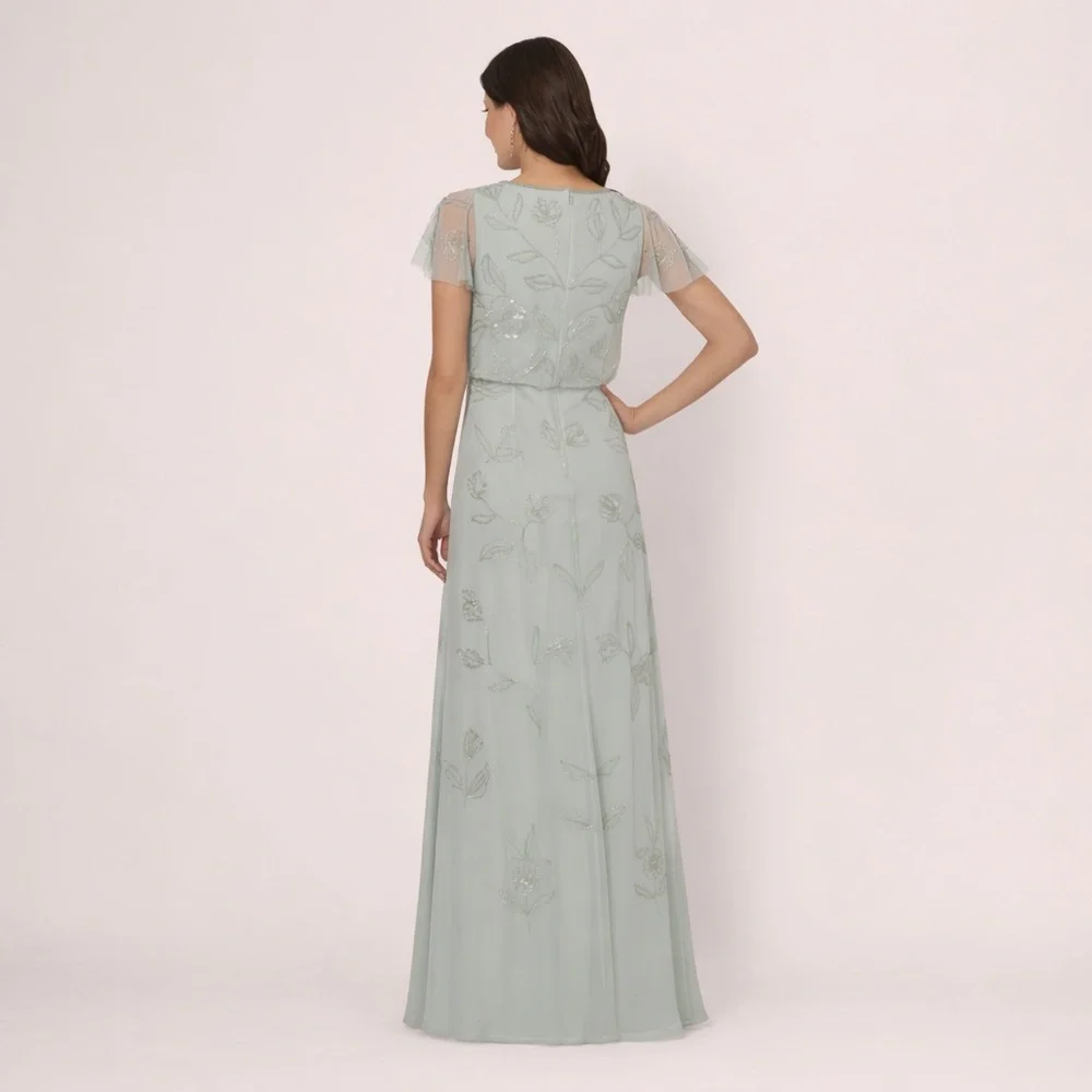 Adrianna Papell Sage Green Beaded Floral Maxi Gown Size 12 NWT GALA MOB Formal
